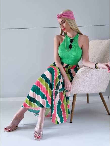 Plisovaná midi sukně zig-zag zeleno-růžová P 78