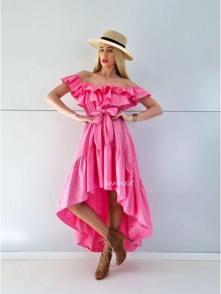 Asymetrické maxi šaty s volánem růžové P 195