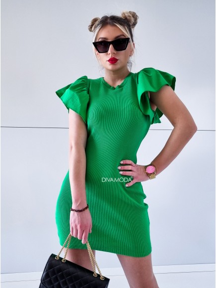 Vroubkované přiléhavé šaty s volánem zelené P 269