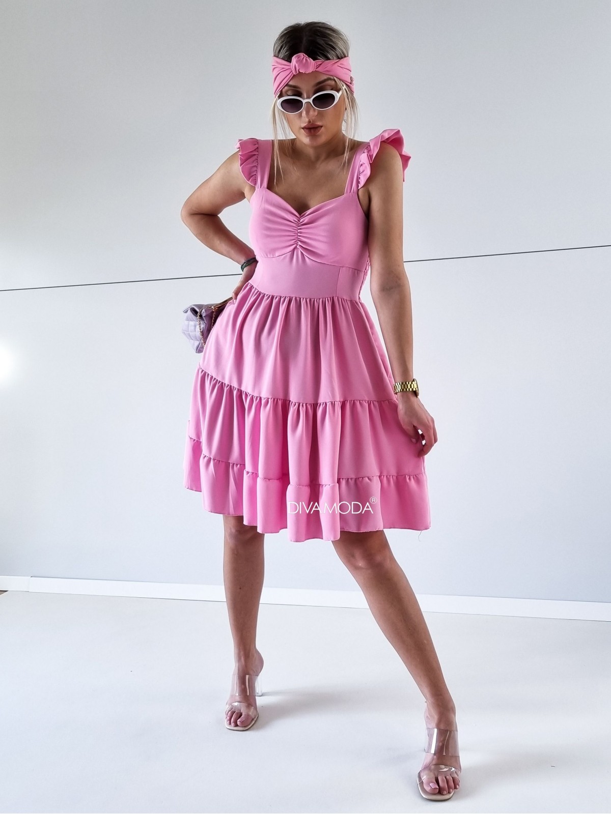 Prošívané šaty na ramena s volány Maja baby pink P 286