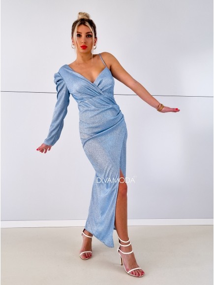 Třpytivé elegantní šaty na jedno rameno jemně modré S 116