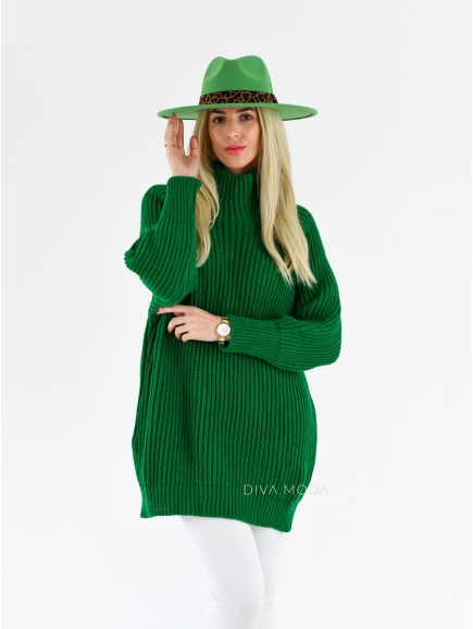 Vroubkovaný svetr s puf rukávem zelený S 590