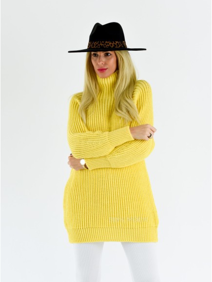 Vroubkovaný svetr s puf rukávem žlutý S 590