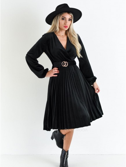 Sametové midi šaty s plisovanou sukní černé S 585