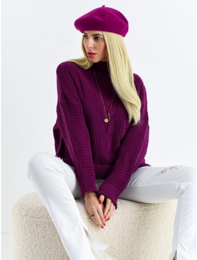 Pletený svetr s copánkovým vzorem lilkový S 605