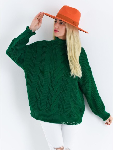 Pletený svetr s copánkovým vzorem zelený S 605