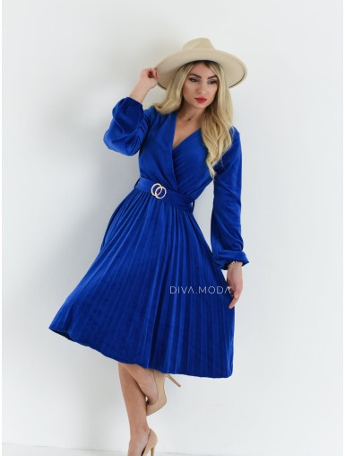 Sametové midi šaty s plisovanou sukní Modré S 585