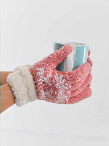 Pletené rukavice sobík s kožešinou růžové P 5