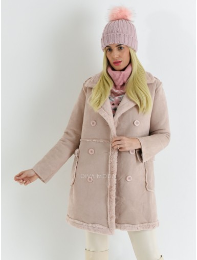 Kožešinový kabátek z broušené koženky dvouřadými knoflíčky pudrově růžový P 44