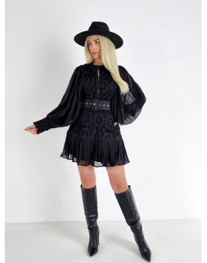 Krajkované šaty s puf rukávom a opaskom Glam čierne A 55
