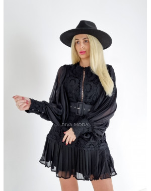 Krajkované šaty s puf rukávom a opaskom Glam čierne A 55