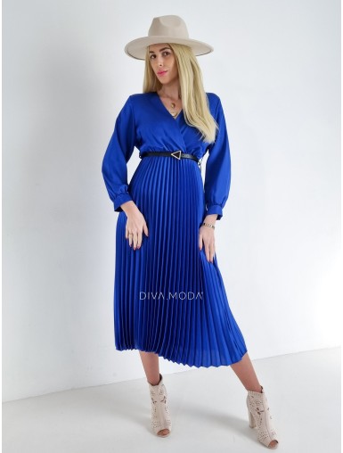 Saténové plisované šaty s páskem modré S 499