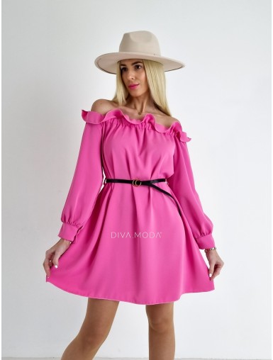 Šaty s řaseným volánem a páskem růžové A 82