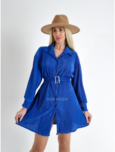 Žebrované saténové šaty košilové tamara modré A 65