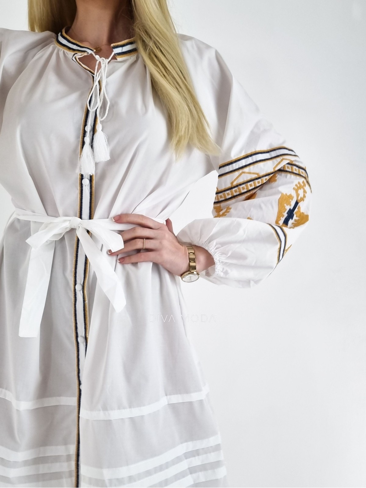 Šaty s puf rukávem Etno bílé A 123