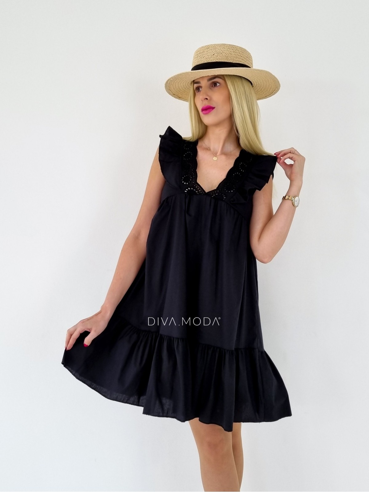Letní šaty s dietovaným zdobením černé S 69