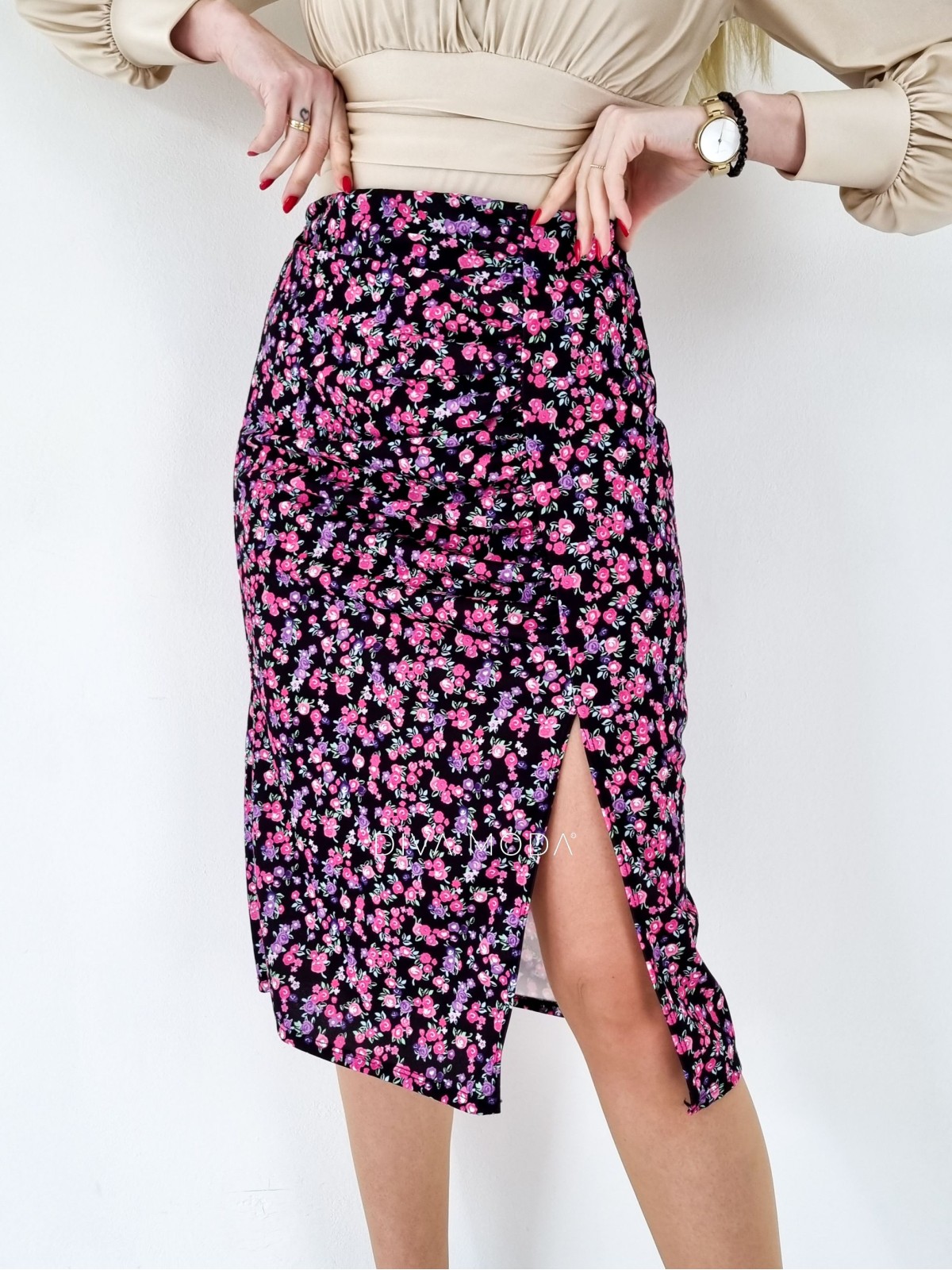 Midi sukně s řasením květinková S 16