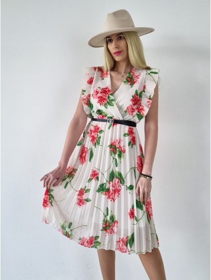Květované šaty s plisovanou sukní smetanové A 212