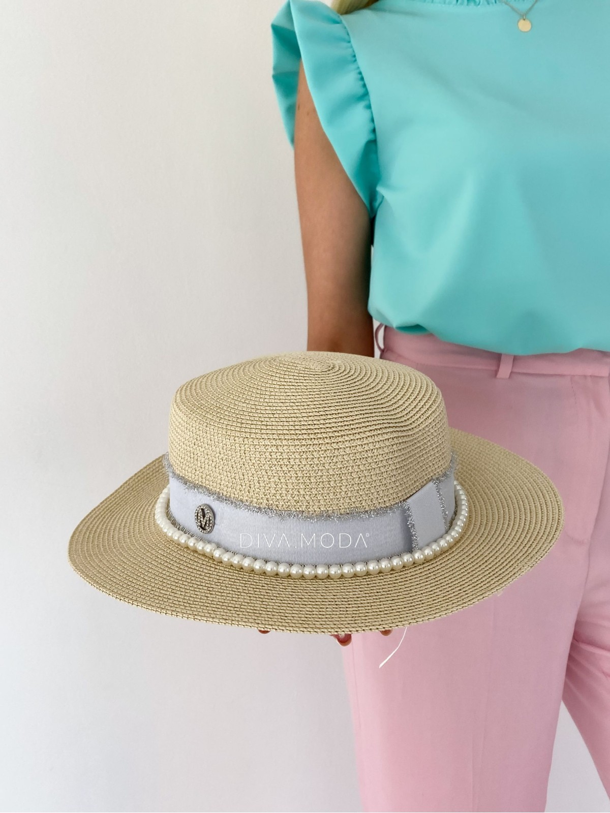 Letní klobouk přírodní M s perličkami