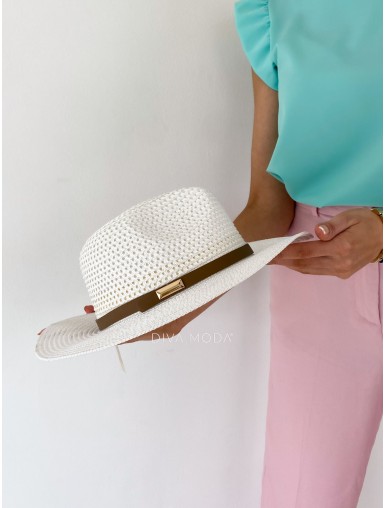 Letní klobouk bílý s koženkovým lemem