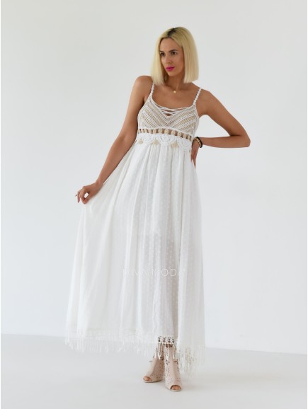 Letní maxi šaty s háčkovaným dekoltem Zuna bílé A 252