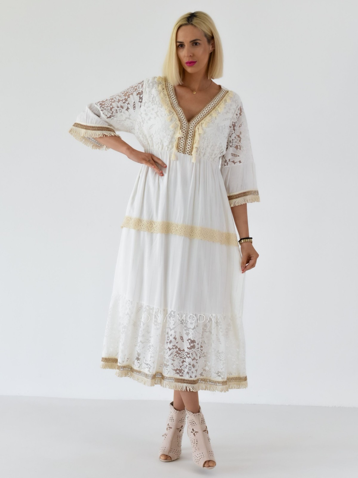 Letní maxi šaty s třásněmi Becca bílé A 255