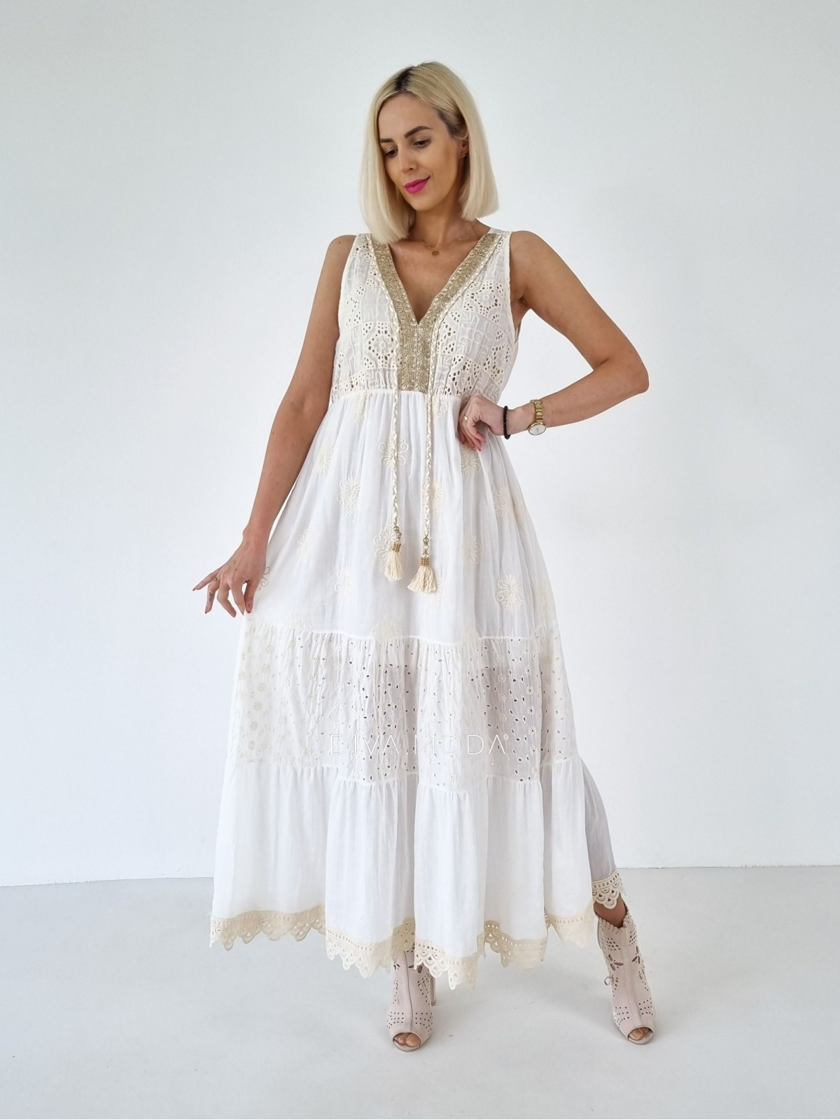 Letní maxi šaty s třásní bílé B 6