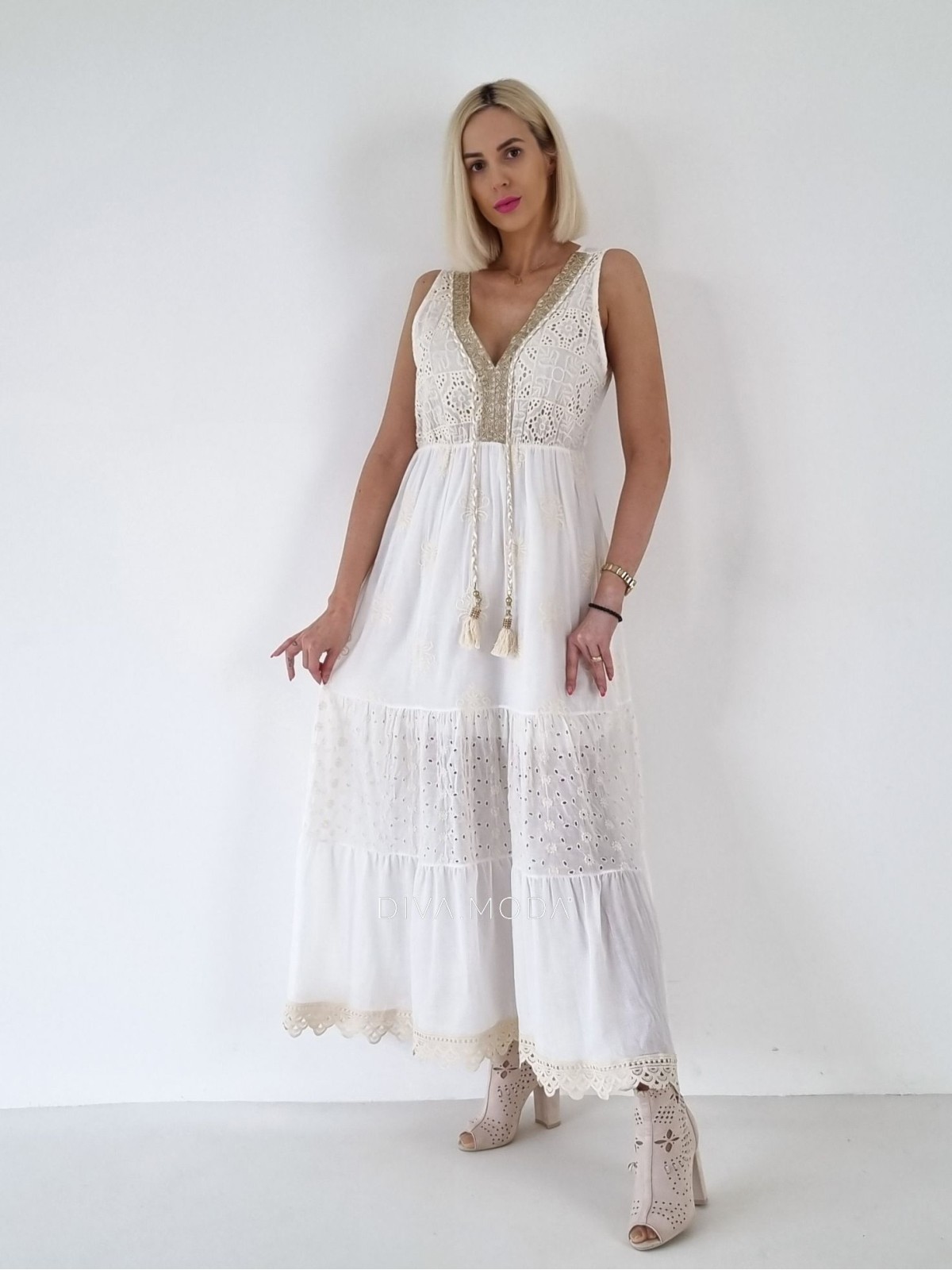 Letní maxi šaty s třásní bílé B 6