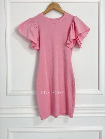 Vroubkované přiléhavé šaty s volánem růžové P 269