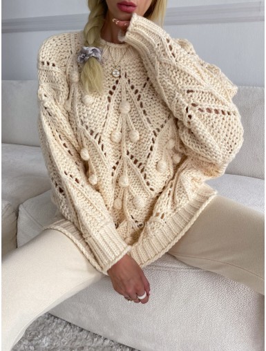 Pletený svetr s bambulkami ecru-vanilkový S 27