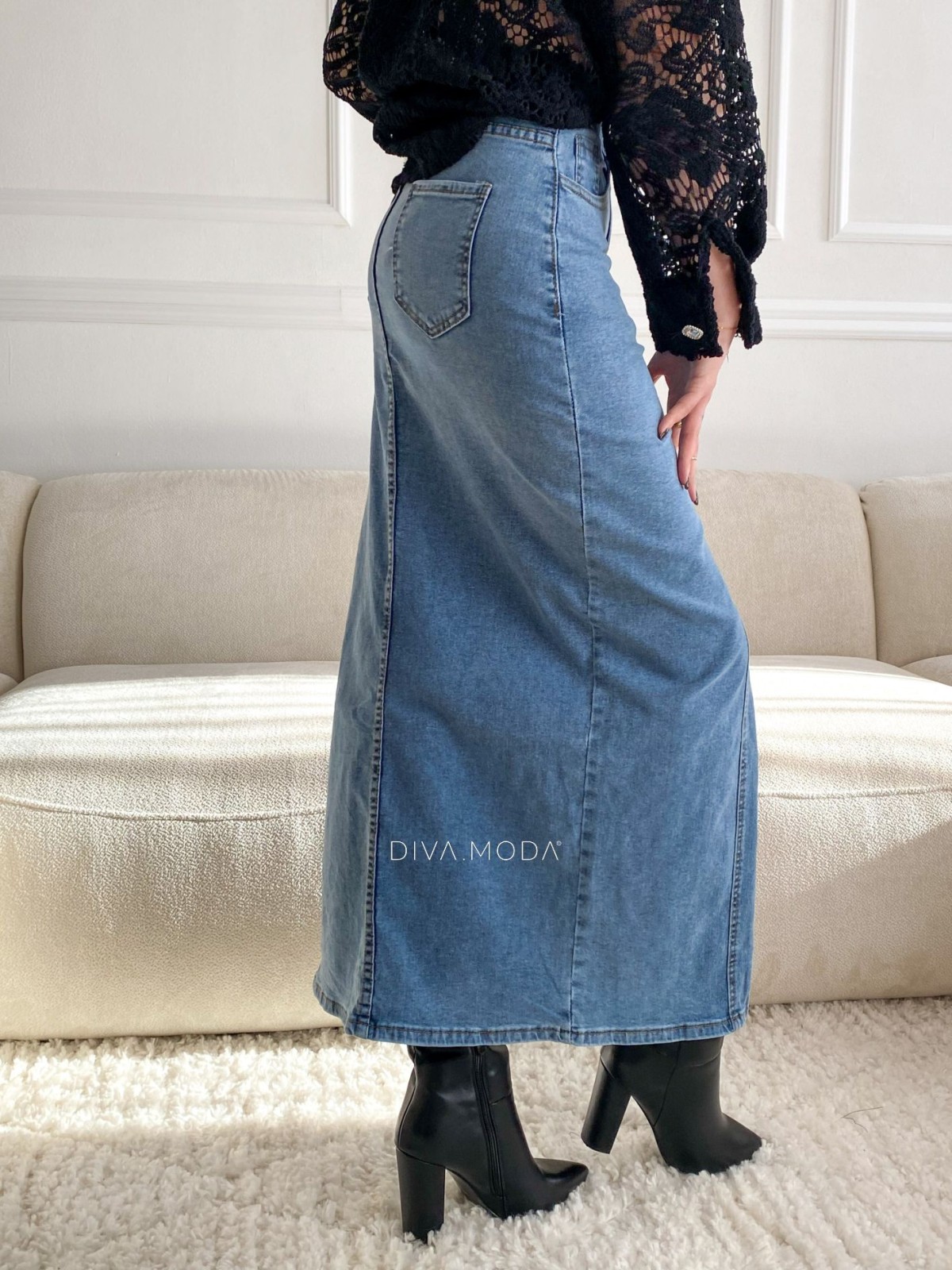 Riflová maxi sukně s výkrojem modrá S 3