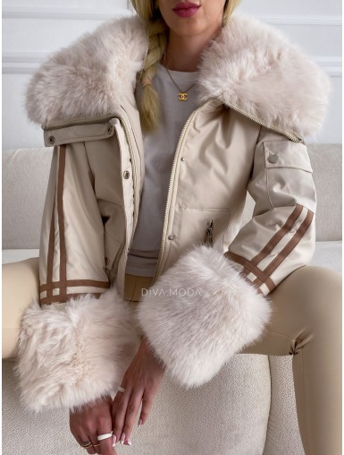 Zimní bunda s pruhy a kožešinou béžovo-smetanová S 16