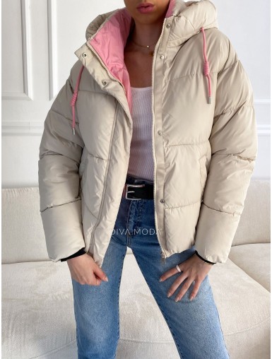 Zimní bunda béžovo-růžová s kapucí S 63