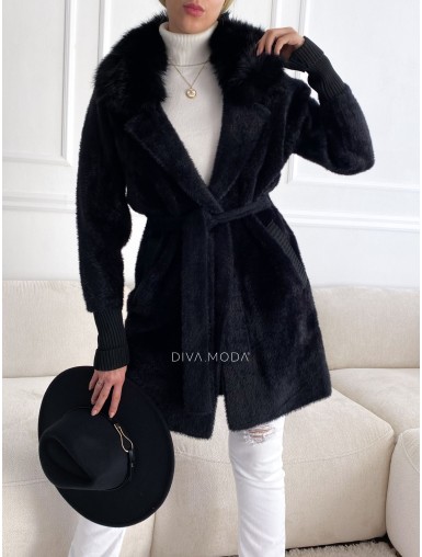 Alpaka kabát s kožešinou a páskem černý S 68