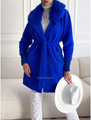 Alpaka kabát s kožešinou a páskem královská modrá S 68