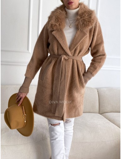 Alpaka kabát s kožešinou a páskem hnědý latté S 68