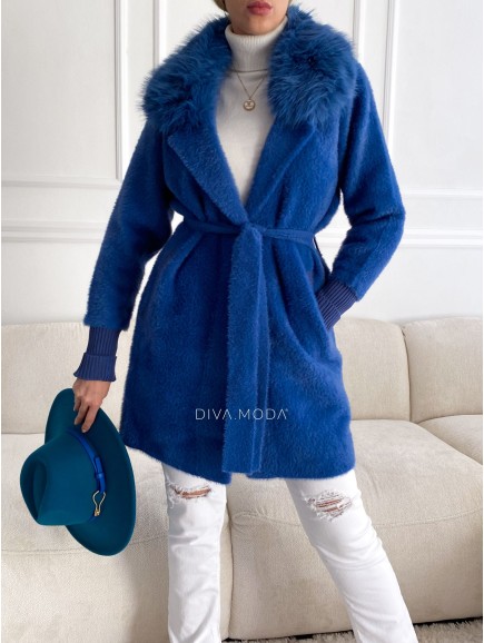 Alpaka kabát s kožešinou a páskem ocelově modrá S 68