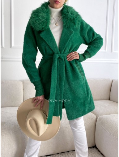Alpaka kabát s kožešinou a páskem trávově zelený S 68