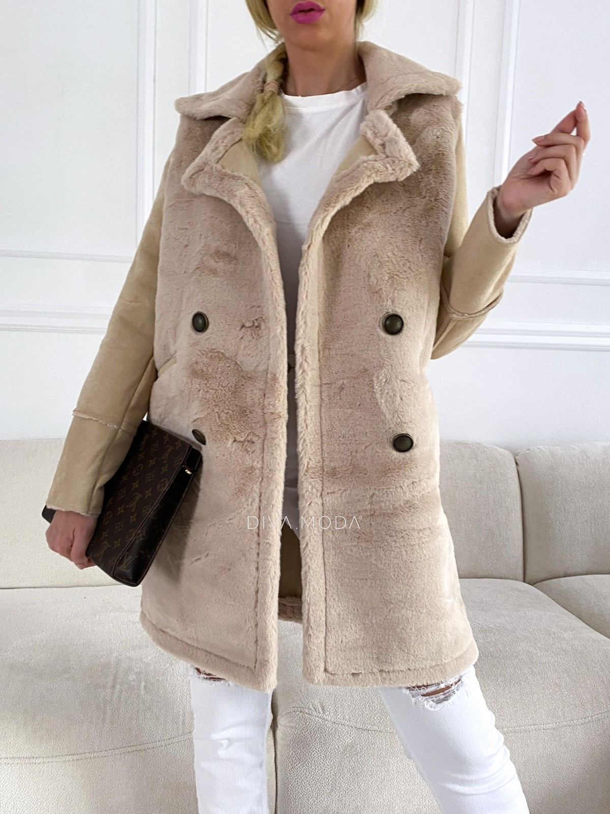 Kombinovaný kožešinový kabát s knoflíky hnědý S 86