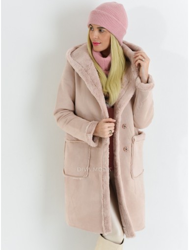 Kožešinový kabátek z broušené koženky s kapucí pudrově růžový P 40