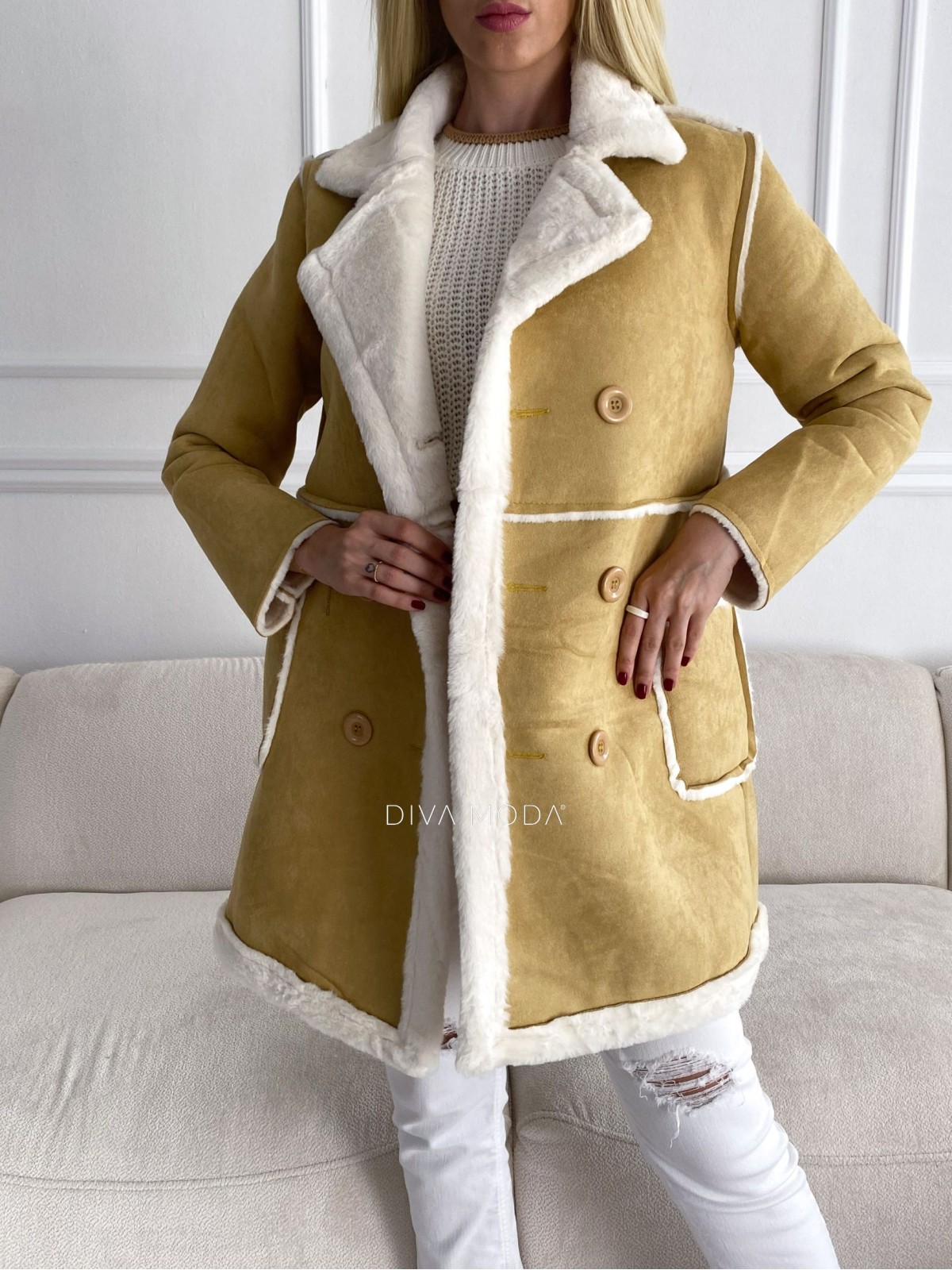 Kožešinový kabát z broušené koženky s dvouřadými knoflíčky hnědý S 85