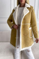 Kožešinový kabát z broušené koženky s dvouřadými knoflíčky hnědý S 85
