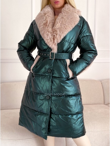 Zimní metalická bunda s kožešinou zelená S 96