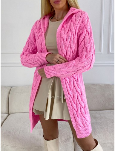Pletený cardigan s kapucí růžový S 414