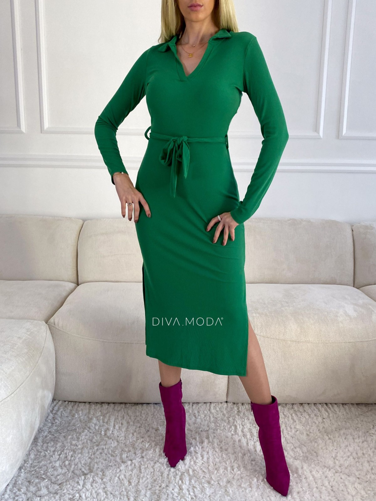 Žebrované midi šaty s límcem zelené S 97