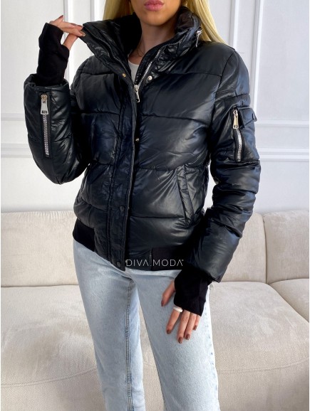 Koženková zimní bunda s patenty černá S 84