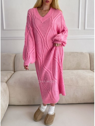 Maxi pletené strukturované šaty růžové S 110