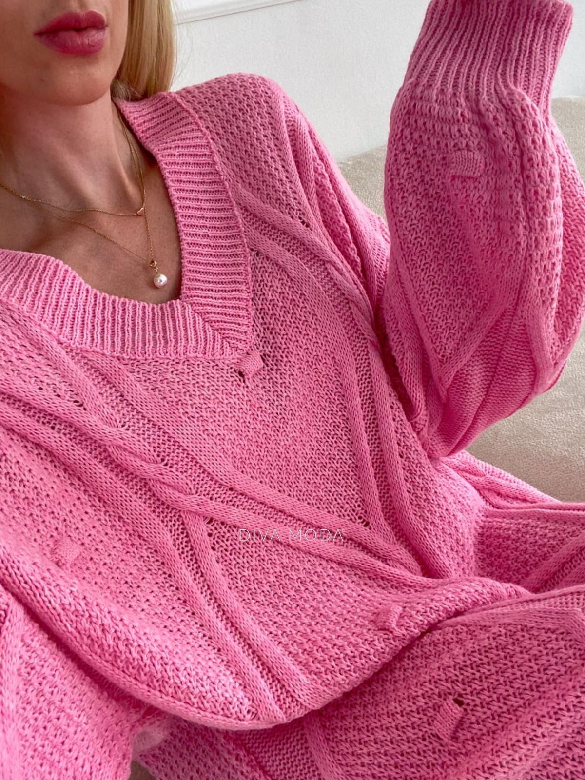 Maxi pletené strukturované šaty růžové S 110