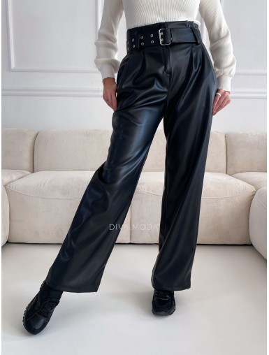 Koženkové široké kalhoty černé S 111