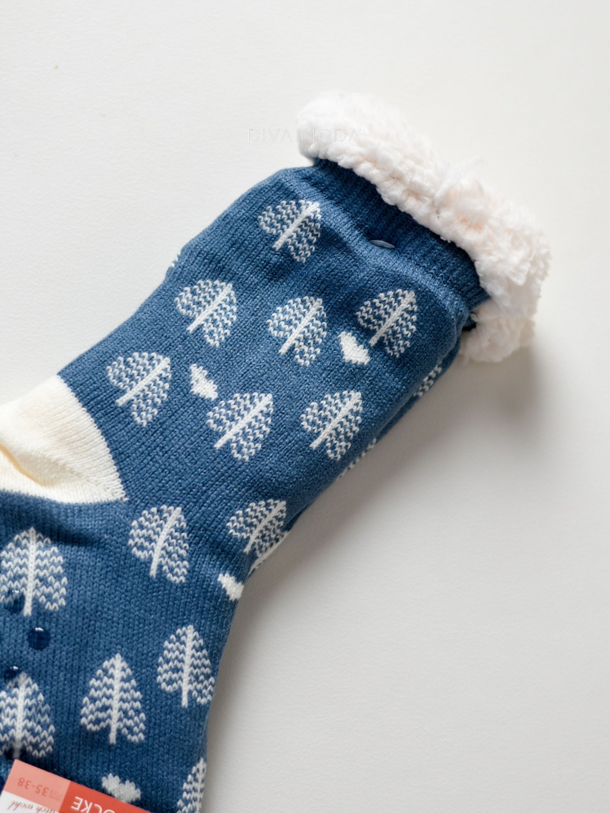 Hrubé protiskluzové fluffy ponožky stromky modré M 20